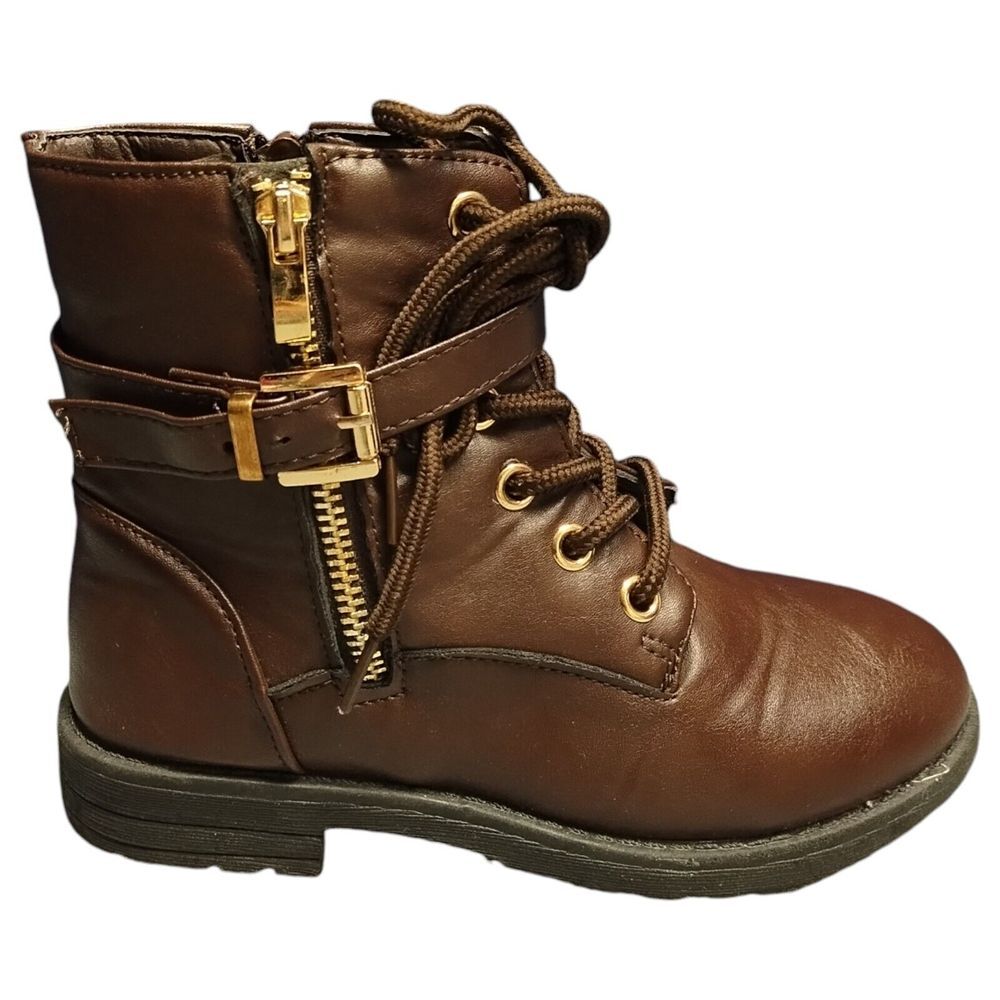 Lucky Top Combat Ankle Boots Youth Girls Size 1 Brown Leather Round Toe Lace Up